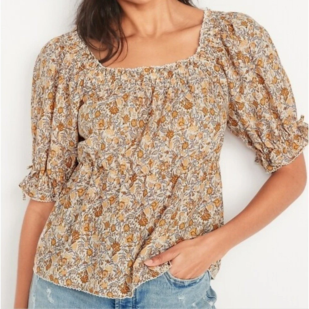 Old Navy Cream Yellow Puff Sleeve Square Neck Floral Babydoll Blouse Size Large
